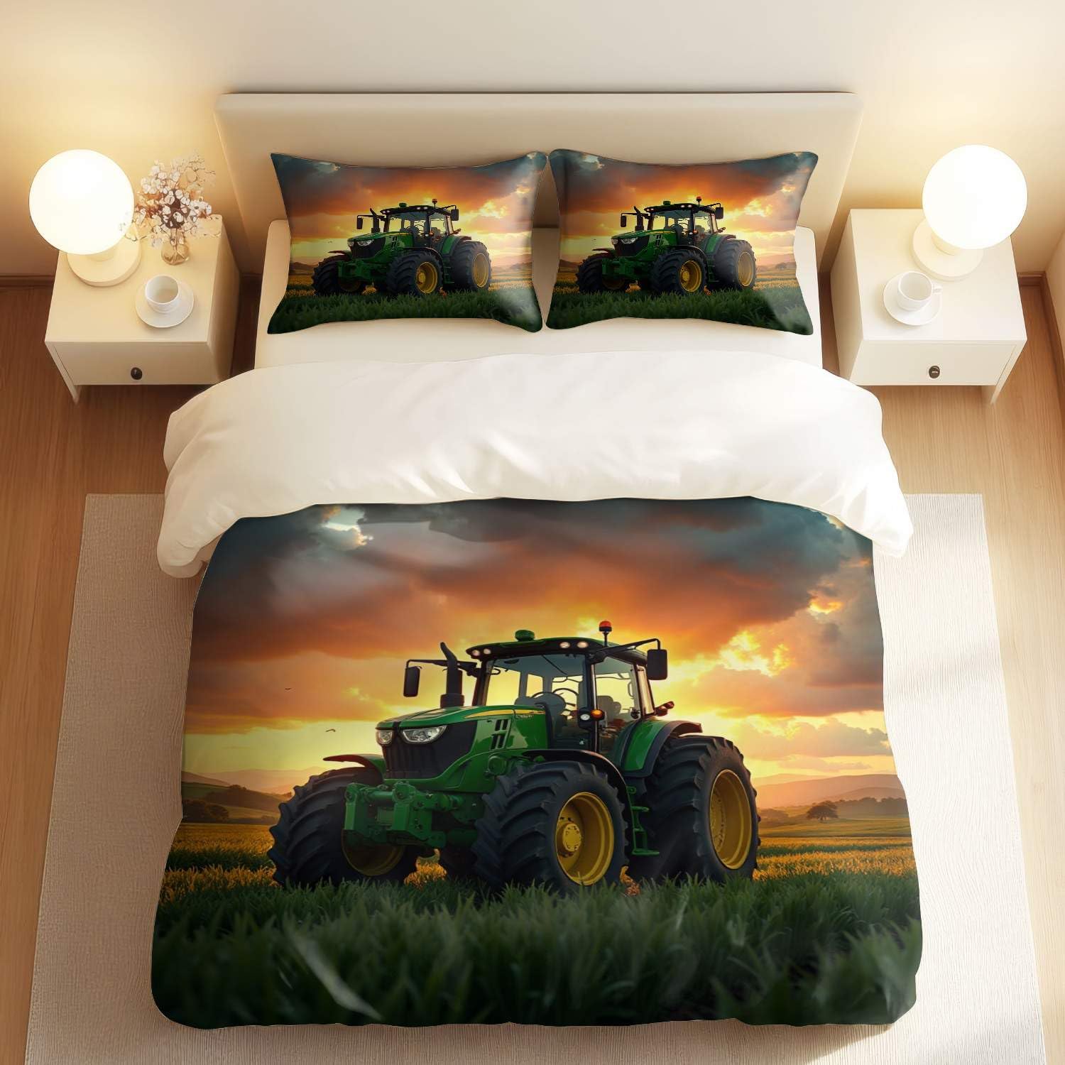 Parure de lit imprimé tracteur vert pour décorer une chambre à coucher double rustique