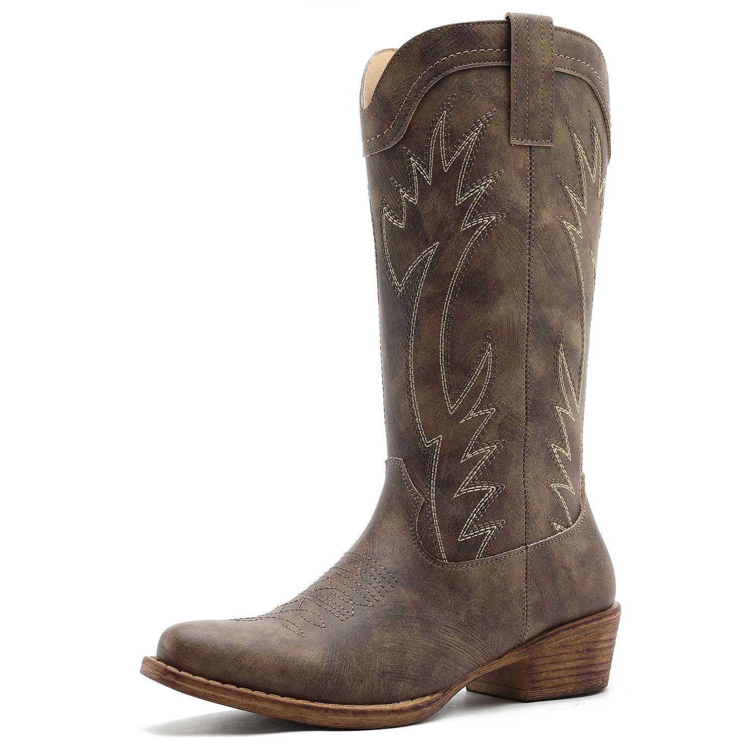 GLOBALWIN Women's Cowboy Boots Comfortable Brown Cowgirl Boots For Daily Wear, Work &amp; Travel Square Toe Fall Boots With Low Heel And Easy Side Zipper Versatile Mid Calf Boots For Women