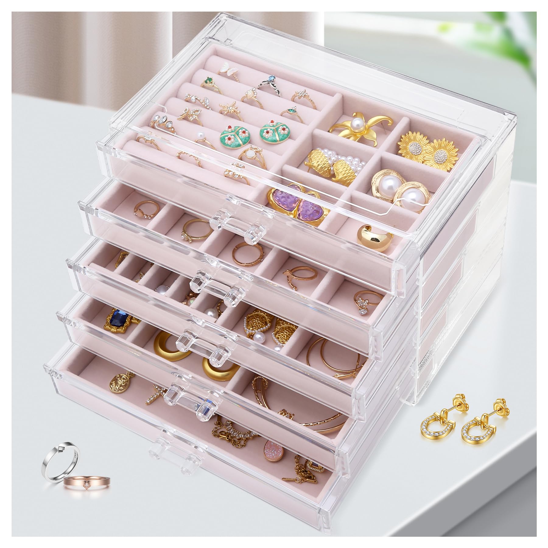 LEICHTEN Jewelry Boxes & Organizers with 5 Drawers,Acrylic Clear Jewelry Earring Necklace Holder Organizers and Storage with Velvet Trays,Jewelry Boxes for Women?Girls,Pink