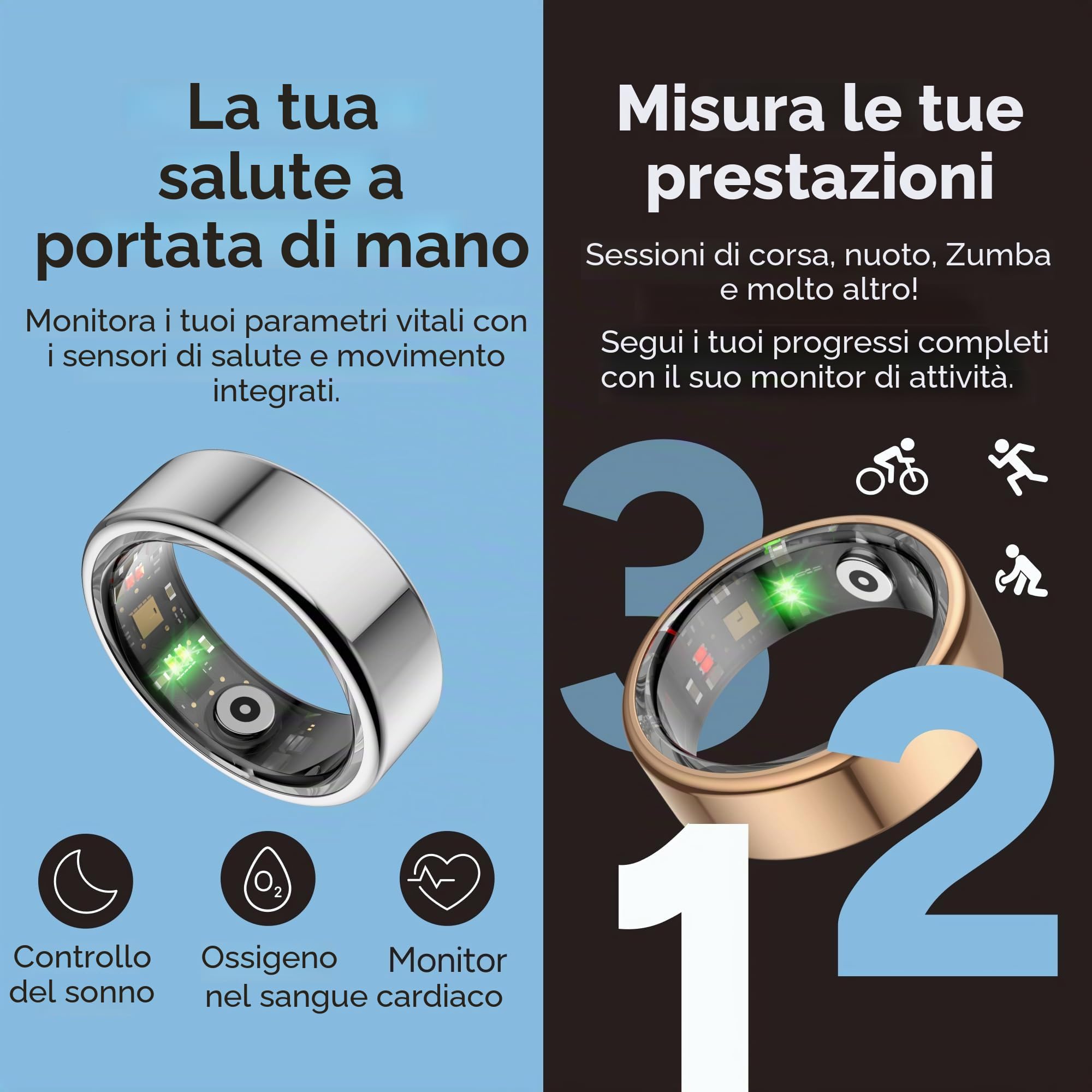 KSIX - Anello intelligente per uomo e donna con monitoraggio delle attività, passi e calorie, smart ring che misura ossigeno nel sangue, cardiofrequenzimetro, controllo del sonno, impermeabile per 3