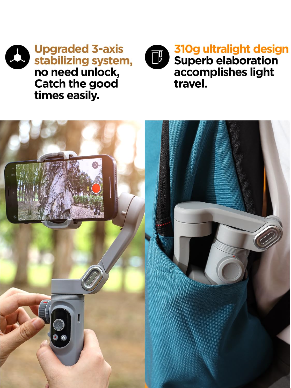 AOCHUAN Gimbal per iPhone con luce di riempimento magnetica RGB, Gimbal portatile a 3 assi con rotella di messa a fuoco/zoom per Vlog, compatibile con iPhone 15 Pro Max/Android-Smart X Pro Kit Grigio