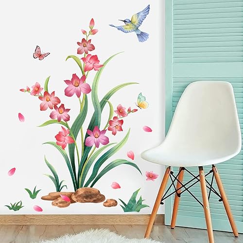 Miniatura 3 de DRWSSR Calcomanías de pared extraíbles de plantas de vid, mariposas y pájaros, calcomanías de pared de flores rosas para paredes del hogar,