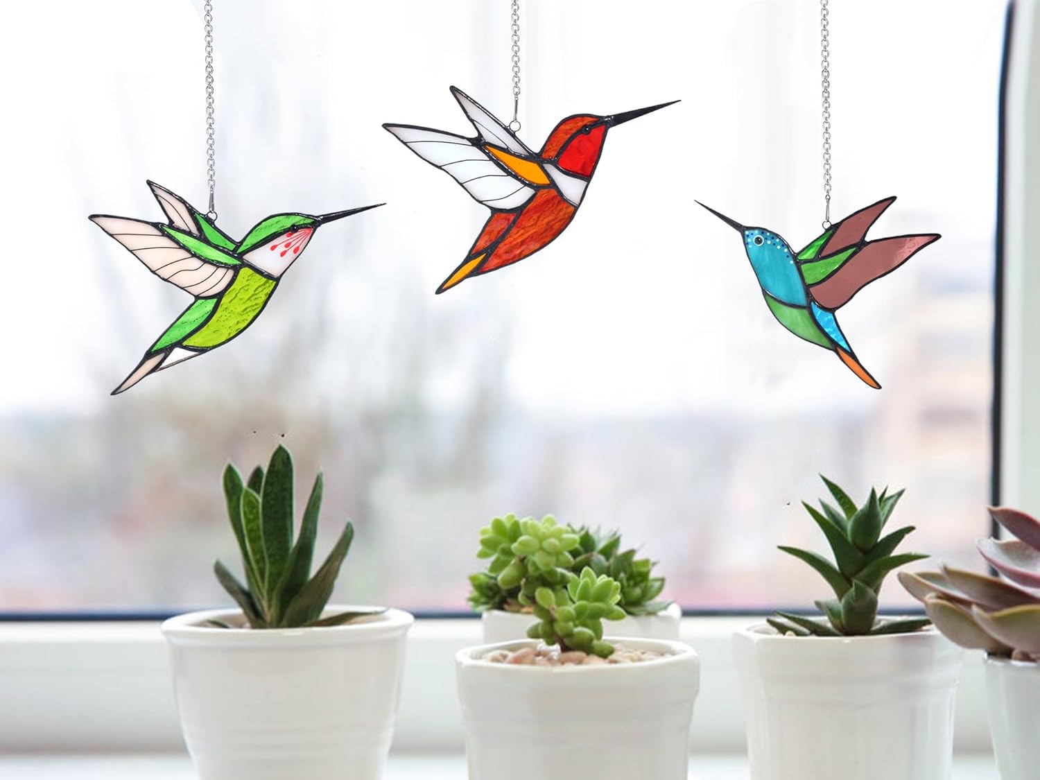 Lolitarcrafts Hummingbird Stained Glass Window Hangings Bird Stained Glass Suncatchers Hummingbird Gifts for Mom,Bird Lovers (Green) - Image 6