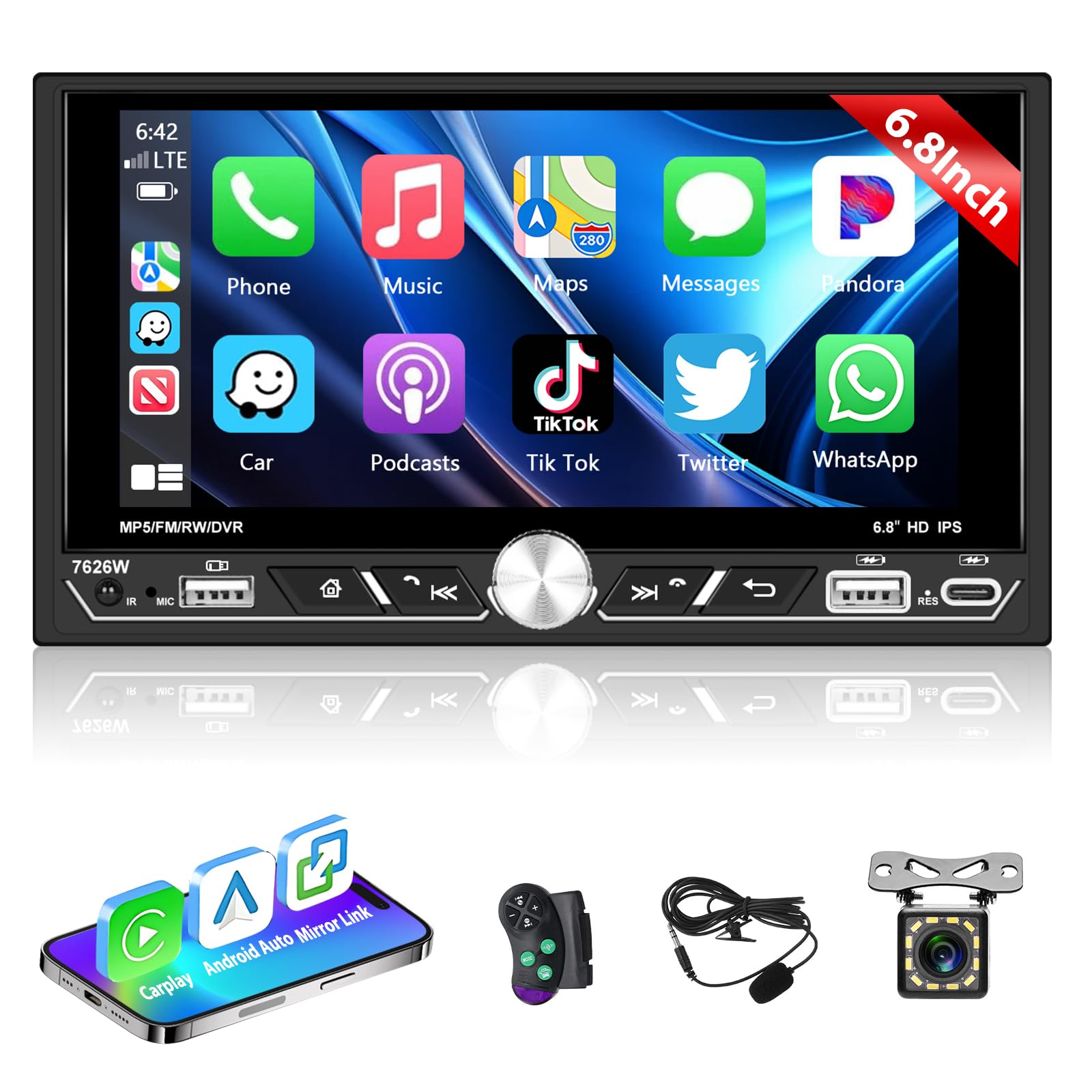 Motorsi 2 Din Carplay Car Stereo Bluetooth 5.1, 7 inch HD touchscreen autoradio Android Auto, ondersteuning MirrorLink, FM-radio, USB, AUX, opladen achteruitrijcamera
