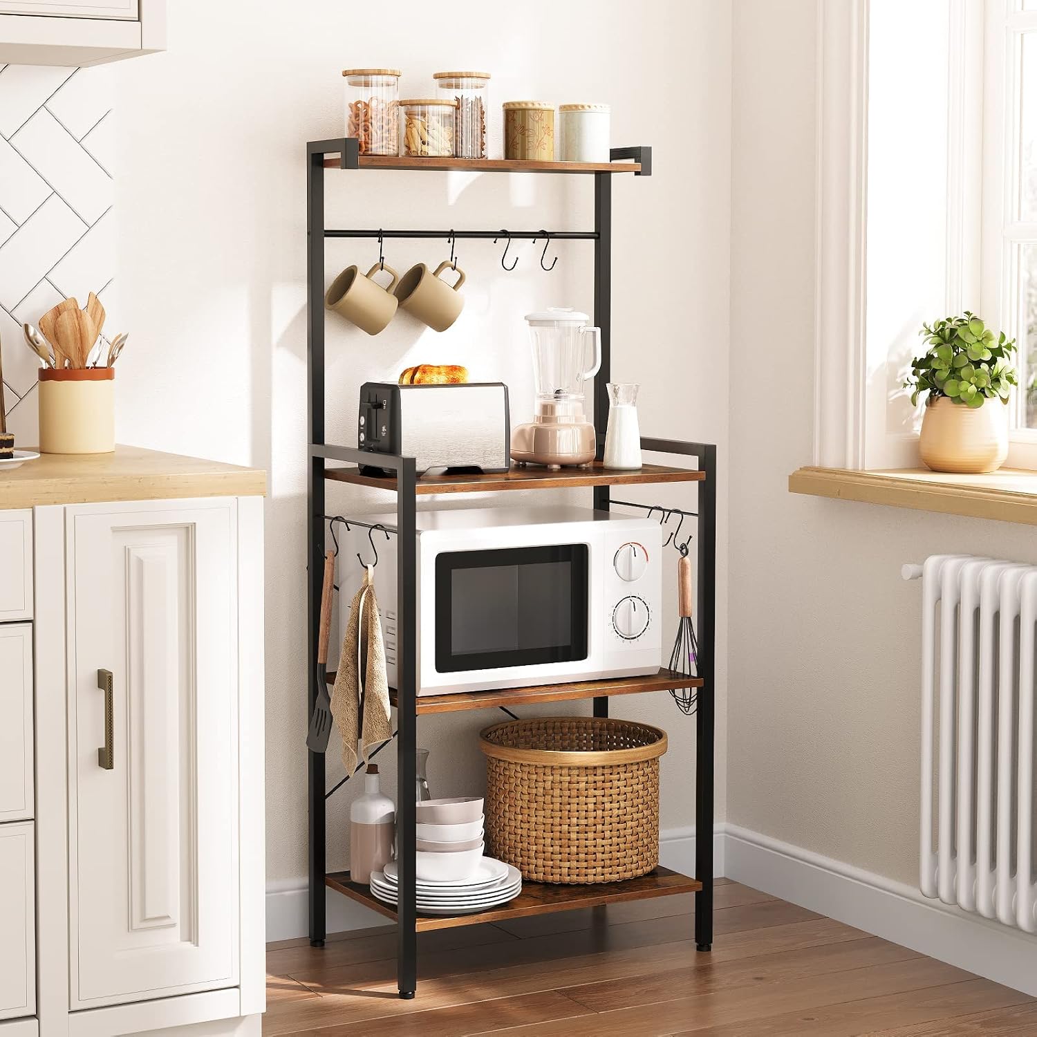 HOOBRO Bakers Rack for Kitchen with Storage, 4 Tier Microwave Stand, Multifunctional Baker's Rack with 8 Hooks, Wooden Kitchen Storage Shelf, Stable Metal Frame, Easy Assembly, Rustic Brown BF04HB01