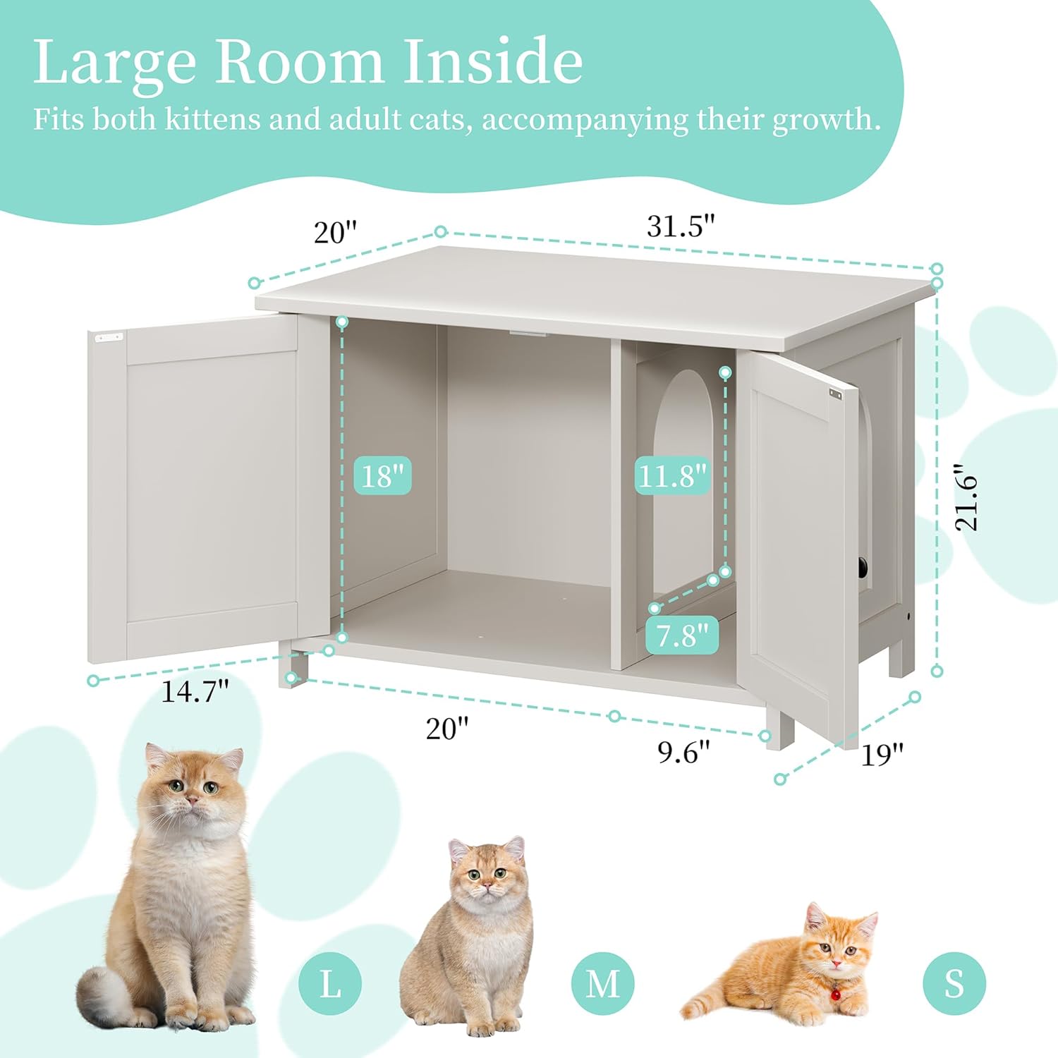 Vongrasig Hidden Cat Litter Box Cat Washroom with Double Removable Doors and Divider Indoor for Living Room White