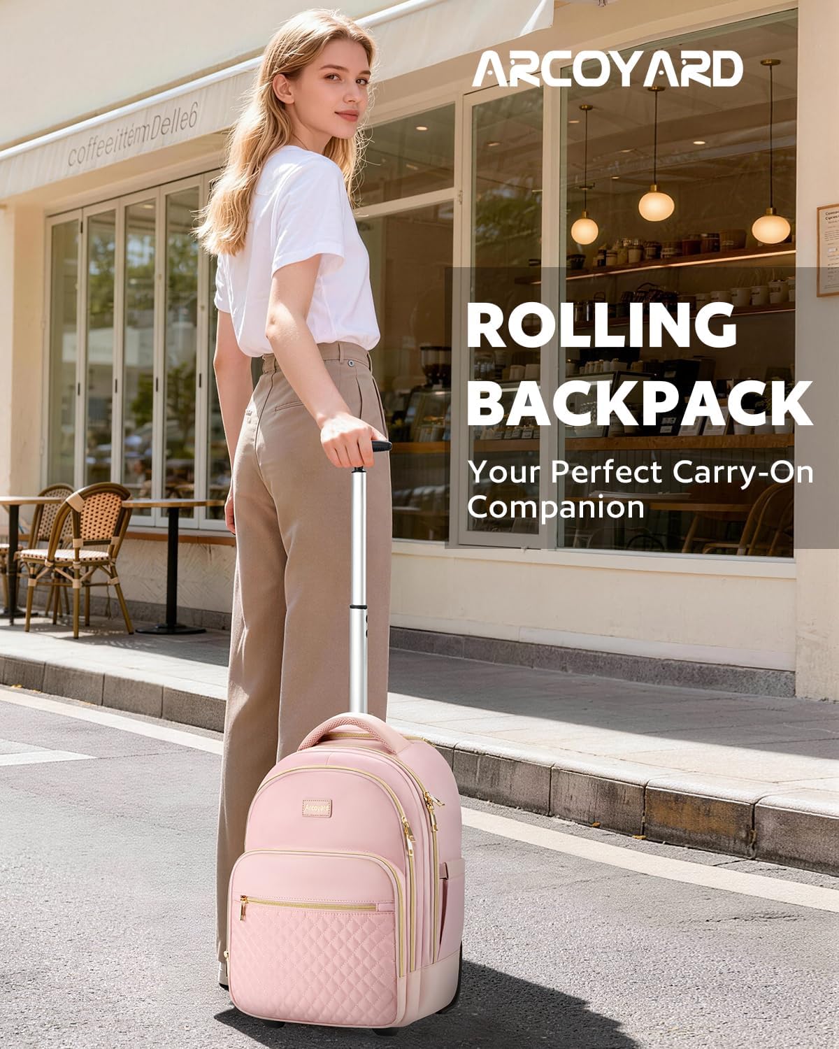 Arcoyard Small Rolling Backpack, 14.3 Inch Underseat Carry On Luggage With Wheels For Adults, Wheeled Backpack for Women, Travel Roller Bag, Pink