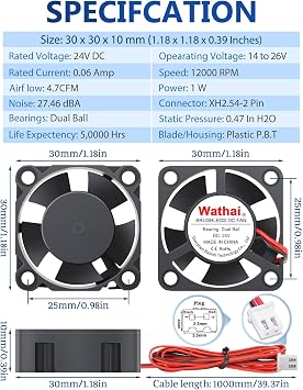 Wathai 2pcs 3010 30mm DC Brushless Fan 24V 2Pin 3.3 FT Wires Cooling Fans