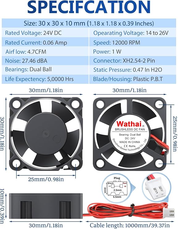 Wathai 2pcs 3010 30mm DC Brushless Fan 24V 2Pin 3.3 FT Wires Cooling Fans