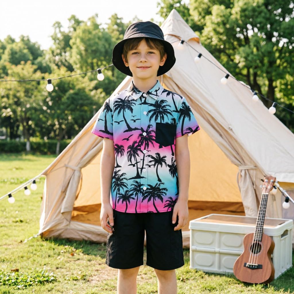 Boys Hawaiian Outfit, 3Pcs Summer Beach Clothes Shirt+Shorts+Hat Set