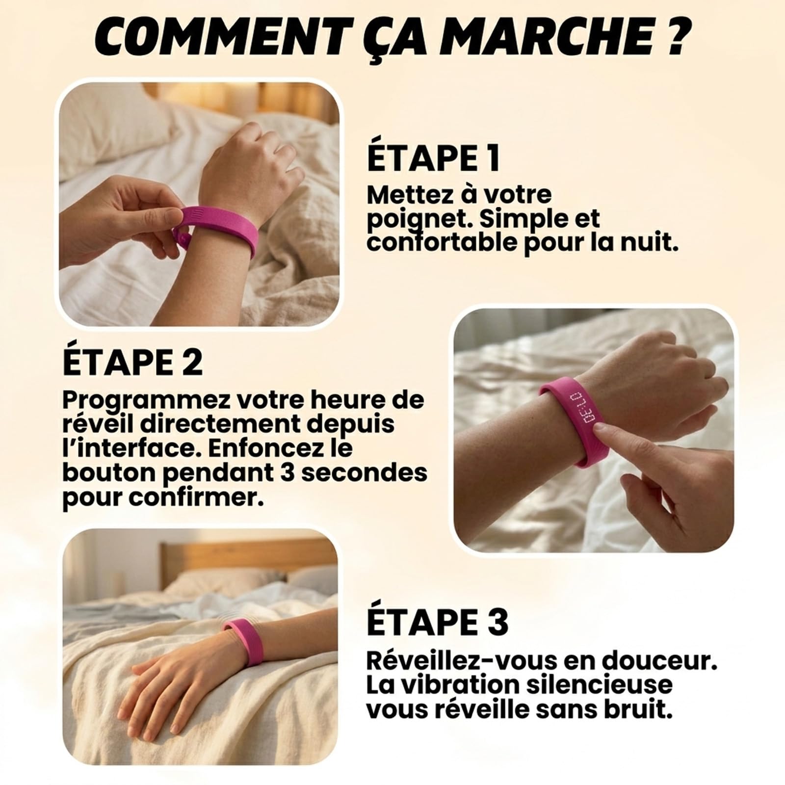 Reiteag Taqavibe Bracelet Reveil Enfant – Réveil Silencieux au Poignet, Autonomie Longue Durée, Confort Léger, Idéal pour Routine Matinale et Enfants Dormeurs Profonds