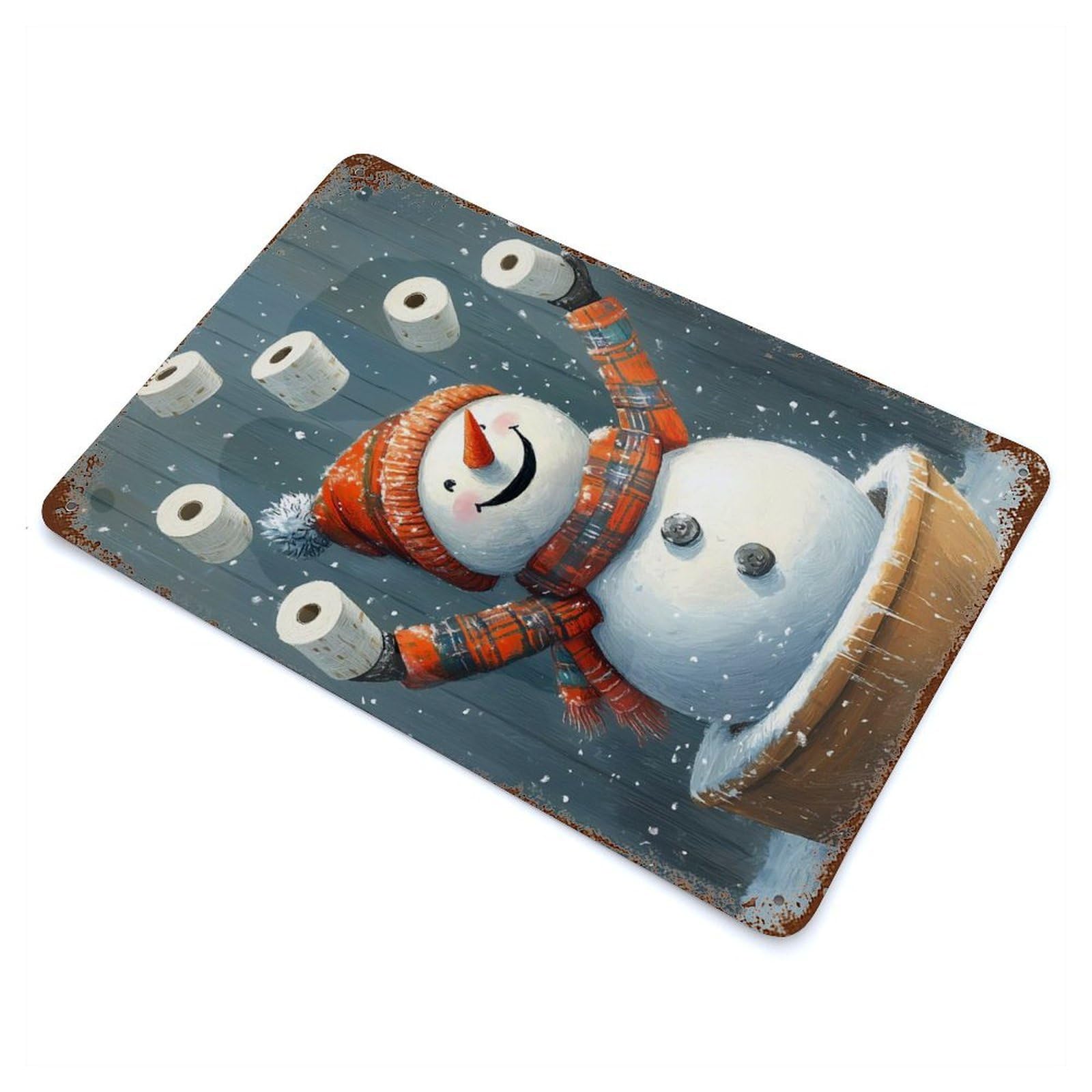 Snowman Juggling Toilet Paper Christmas Rustic Tin Plaque 11.8"x7.9", Ideal for Shed, Workshop And Garage Wall Decor