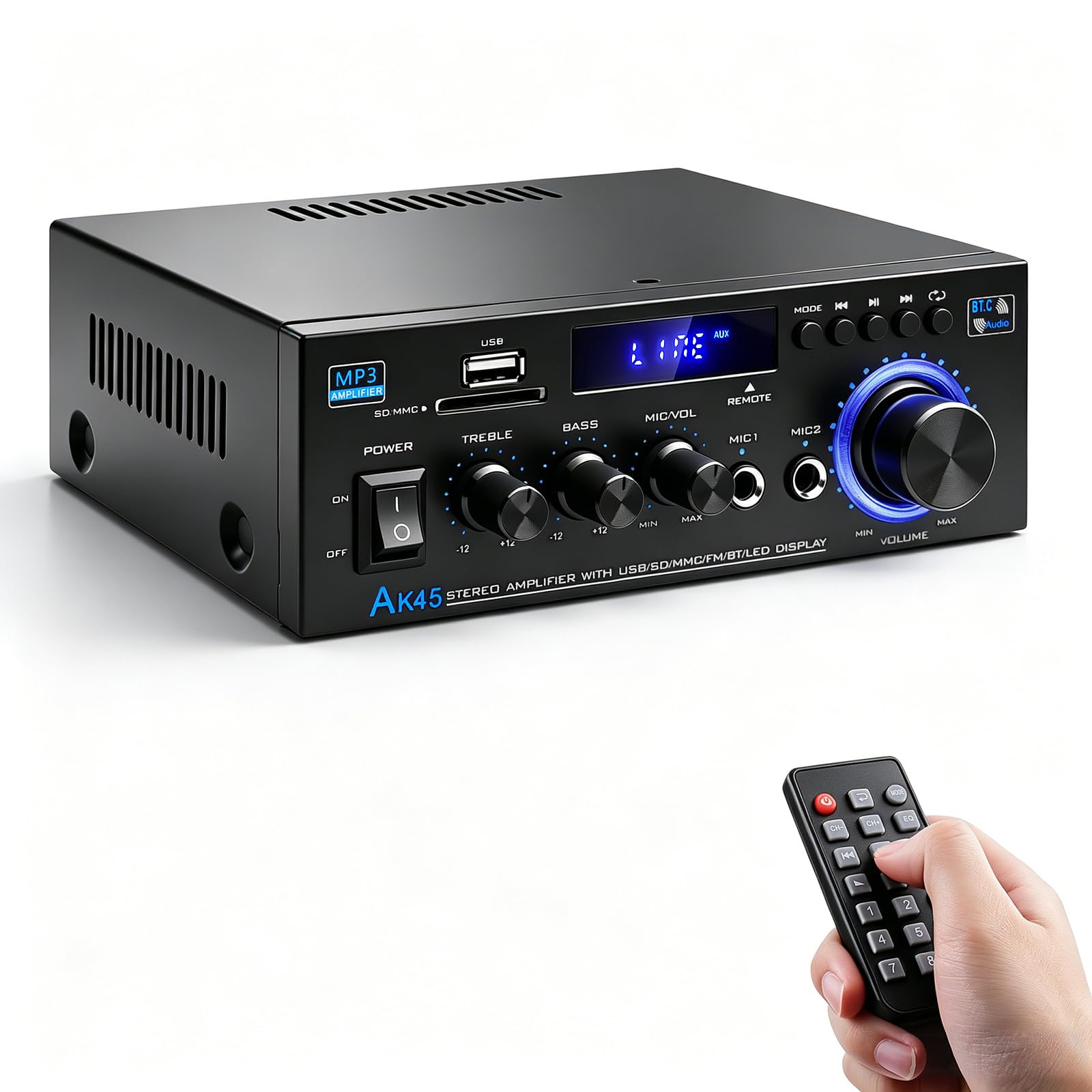 AK45 Bluetooth 5.0 Power Amplifier 2.0CH 40W x 2 Output Max 400W Subwoofer Hi-Fi Audio Amplifier Stereo Amp Receiver for Home Theater and Car Speaker W/Mic USB FM Radio-image-46