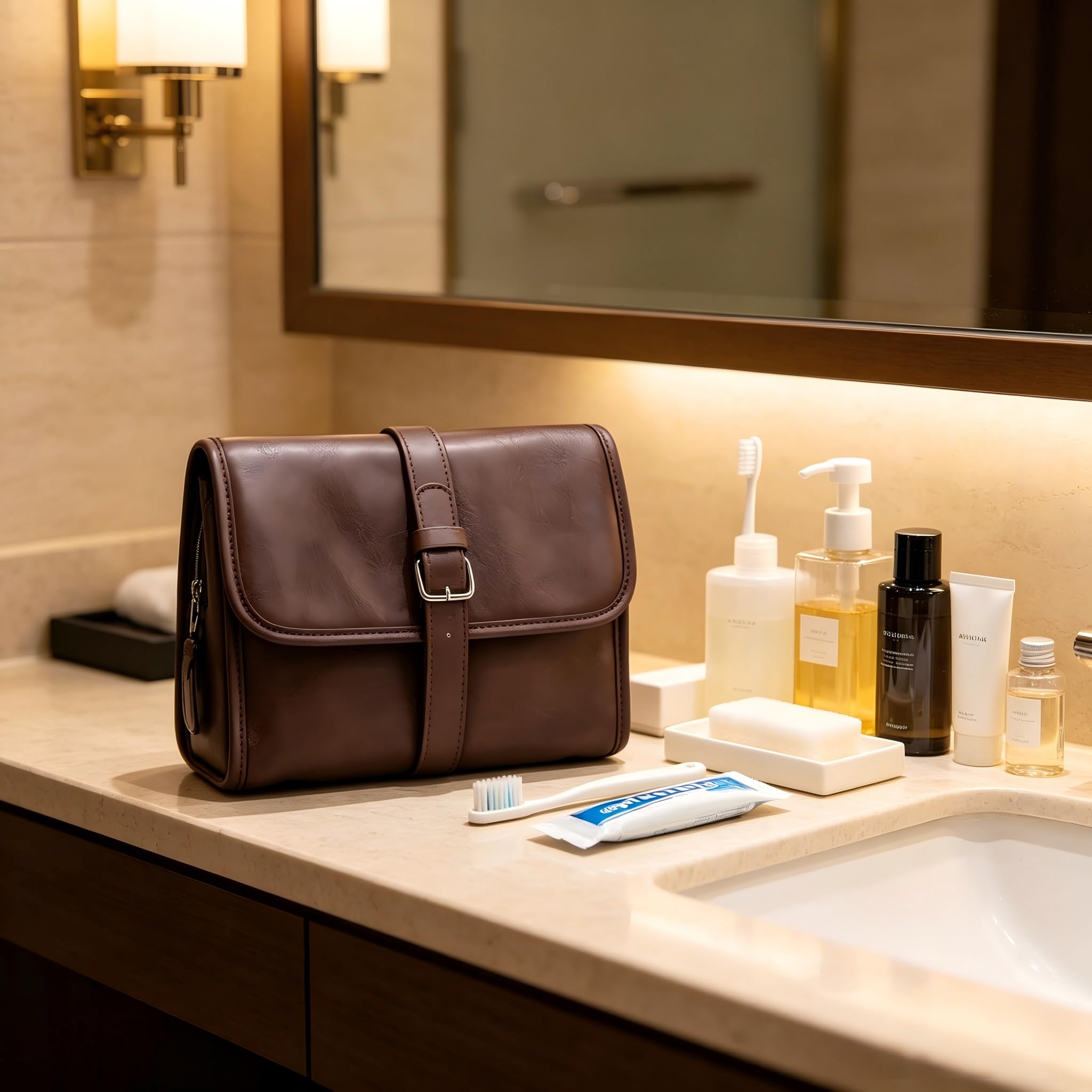 Neceser colgante de cuero para hombre, organizador de afeitado de viaje, bolsa de aseo plegable para artículos de tocador, maquinillas de afeitar, kit de dopp para viajes de