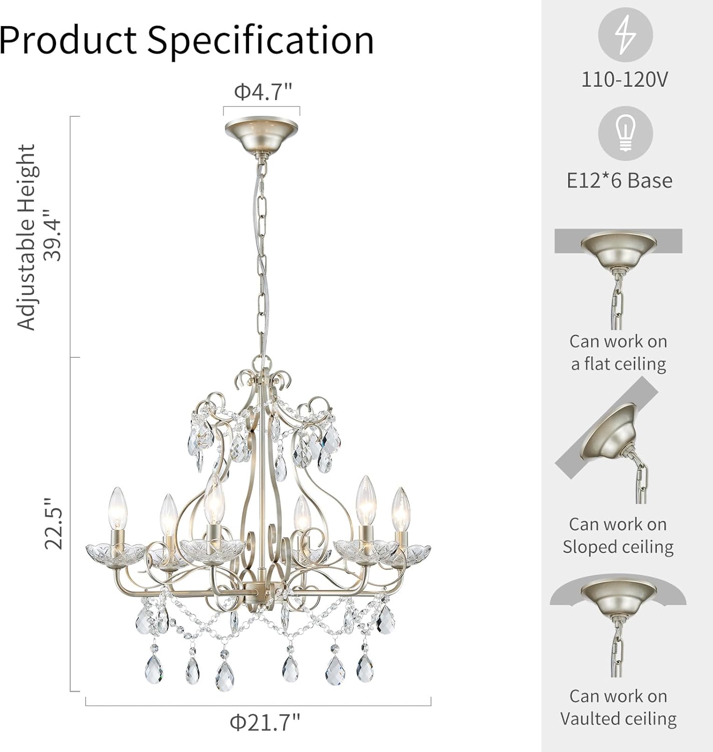 WUZUPS Crystal Candle Chandelier Pendant Flushmount Ceiling Light Modern Lighting Fixture for Bedroom Hallway Bar Kitchen Bathroom, H 22.5" x W 21.7", Nickel, E12 Base