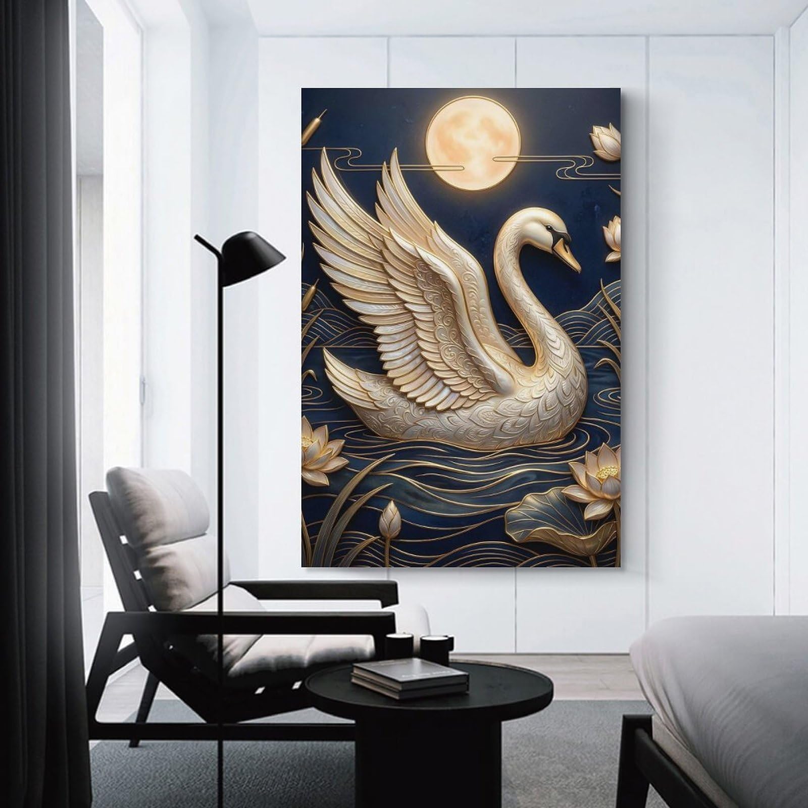Golden Swan with Moon And Lotuses Wall Art Print 20x30inch(50x75cm), for Living Spaces, Bedrooms Or Relaxed Rooms, A Home Accent with Warm Character
