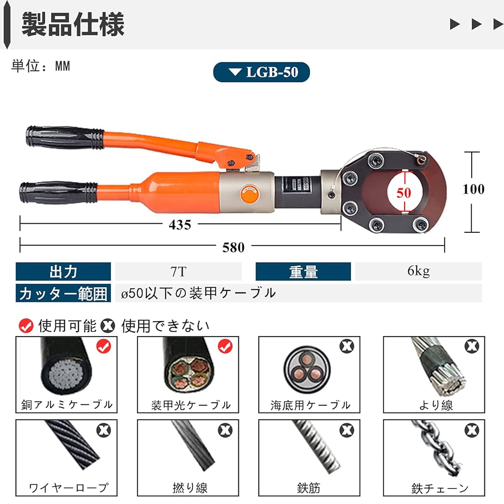 油圧ケーブルカッター Φ50mm 出力6トン アルミケーブル 銅線 1839 Amazon | MXBAOHENGケーブルカッター 油圧式Φ50mm 太物 切断機