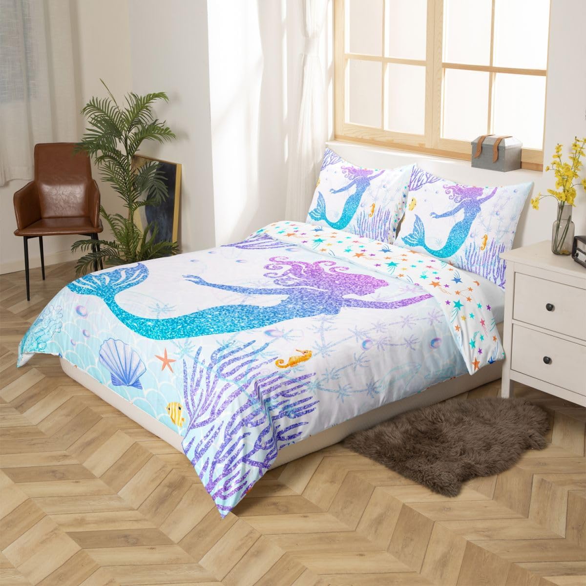 Castle Fairy Mermaid Duvet Cover Set King Size Rainbow Watercolor Glitter Bedding Set for Kids Girls Women Teens Room Decor, Mermaid Fish Scale Comforter Cover Ocean Coral Shell Quilt Cover 3pcs