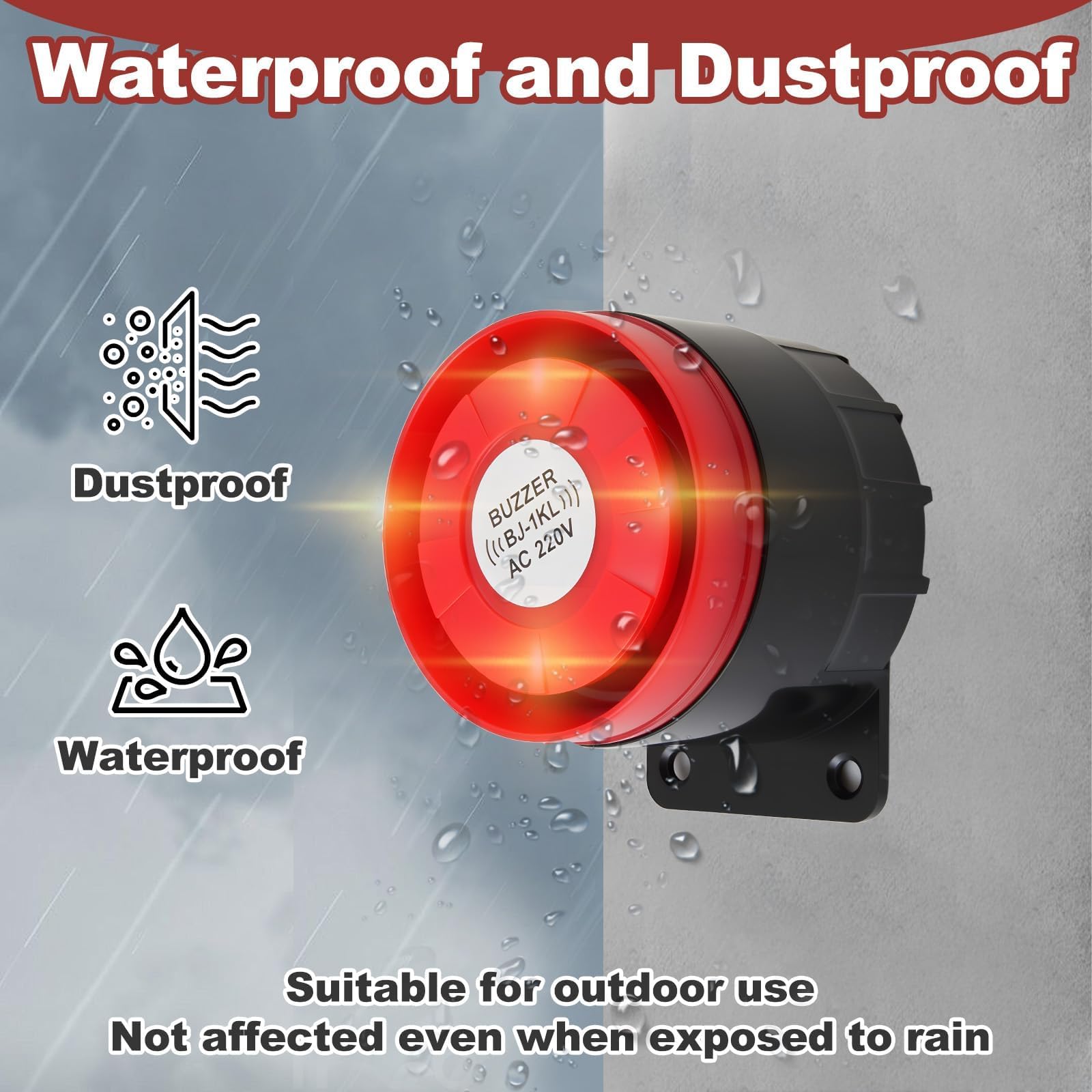 Sirena Alarma Exterior 220V 120dB, Sirena de Bocina Sistema Antirrobo de Alarma Impermeable con Alerta de Sonido y Luminosa, Intermitente Doméstica con Decibelios Altos Rojo Estroboscópico