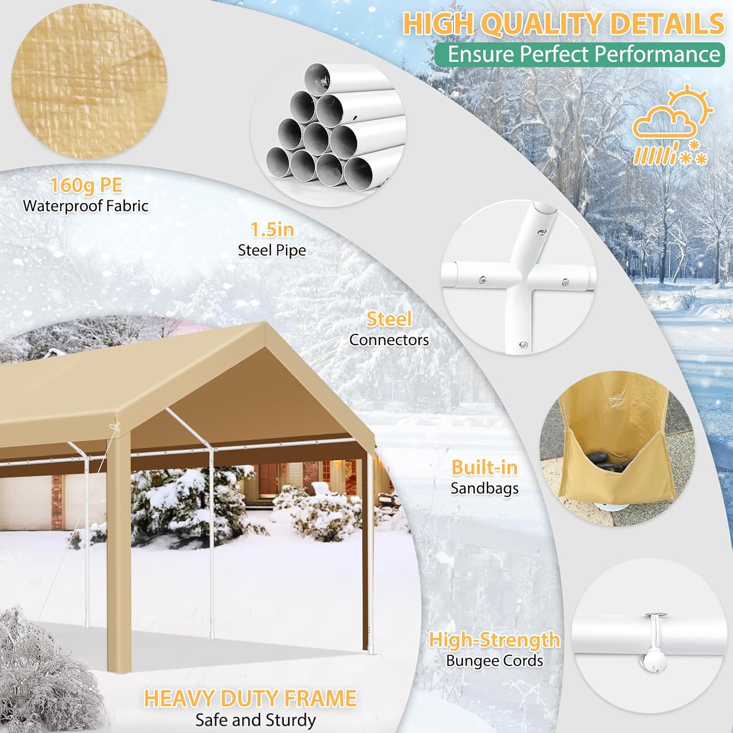 COBIZI Carport 10x20ft Heavy Duty Portable Garage, 2.0 Powder Coated Frame(Better Than Galvanized), Waterproof Shelter with Removable Sidewalls & Windows, Built-in Sandbags, for Car/Boat/SUV, Khaki