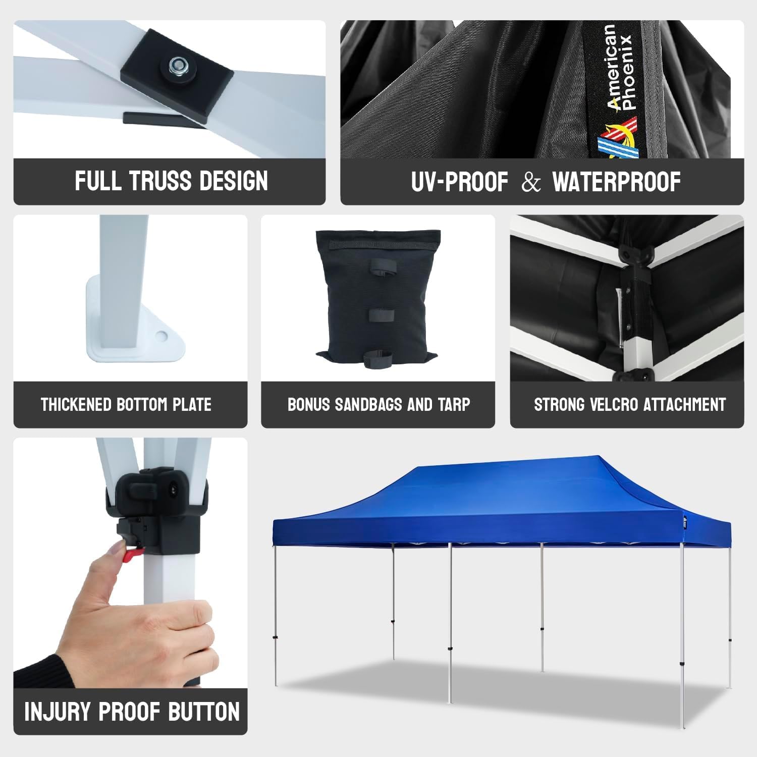 AMERICAN PHOENIX Canopy Tent 10x20 Pop Up Portable Instant Commercial Heavy Duty Outdoor Market Shelter Event Tent (Black w/Roller Bag)