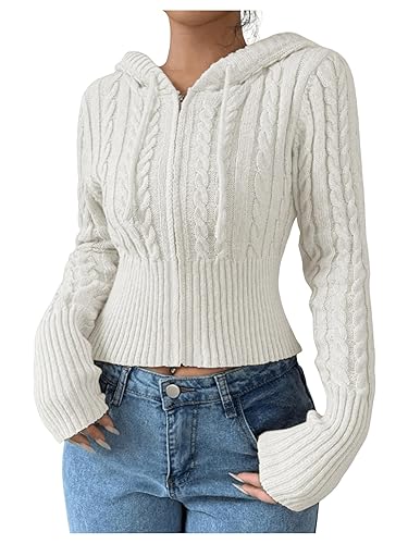 SOLY HUX Women's Crop Cardigan Sweater Cable Knit Zip Up