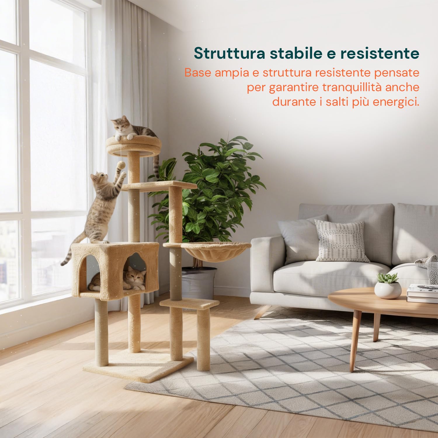 Avilia - Tiragraffi per Gatti 120 Cm Multilivello con Cuccia Chiusa e Amaca Laterale, Struttura con Colonne in Sisal e Giochi Pendente, Ideale per Uso Quotidiano in Casa (Beige)