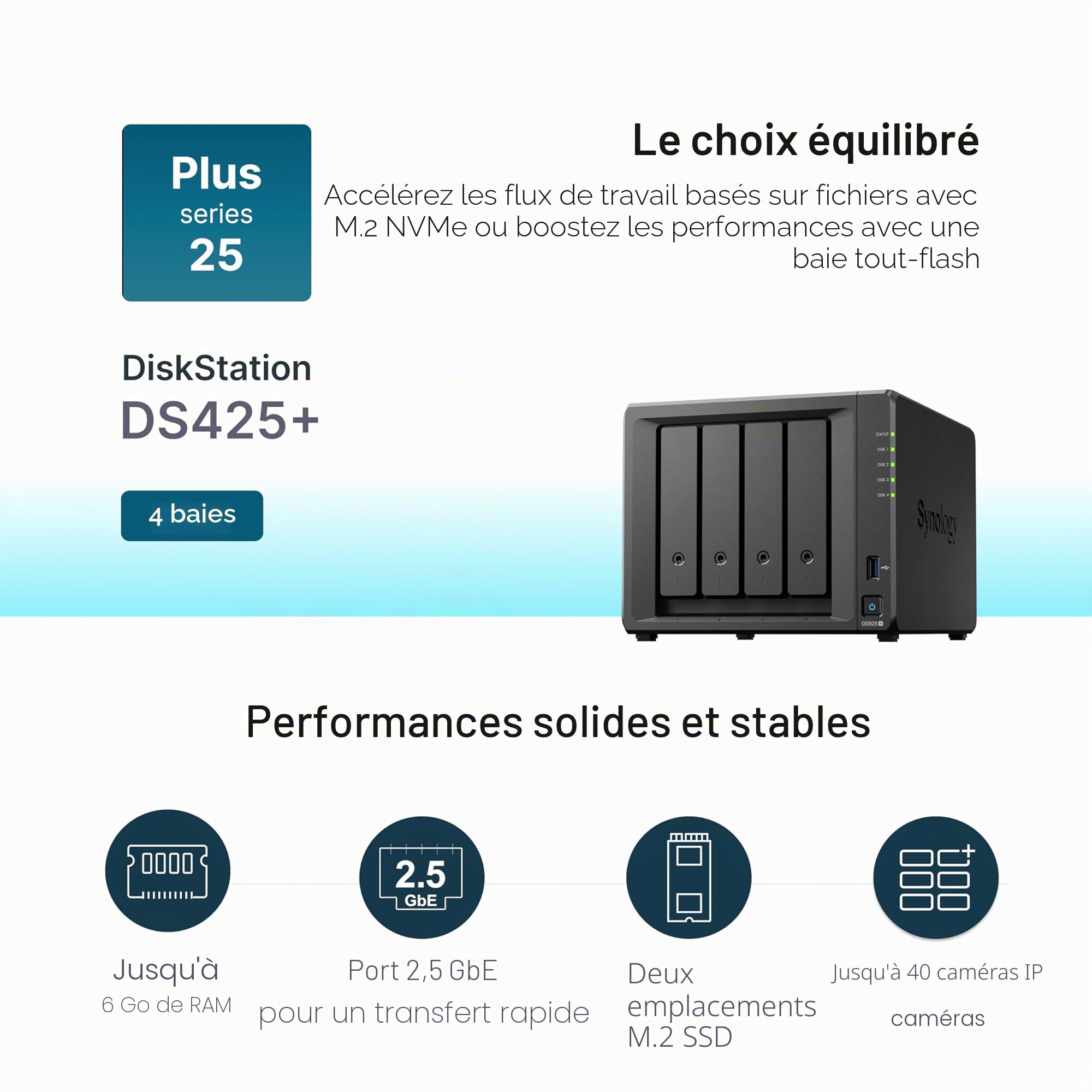 DS425+ Synology NAS 4 Baies – Garantie 3 Ans, Solution de Stockage compacte avec Port 2,5 GbE intégré