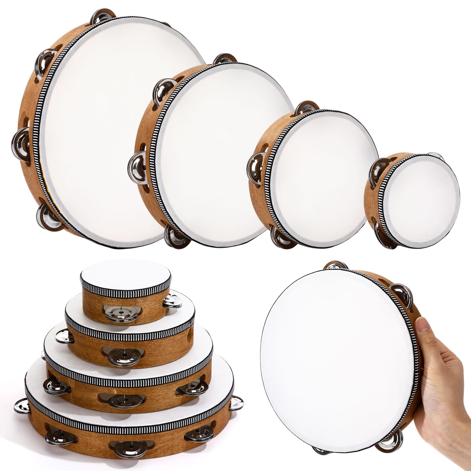 8 Pcs Wood Tambourine for Adults 4" 6" 8" 10", Walnut Brown