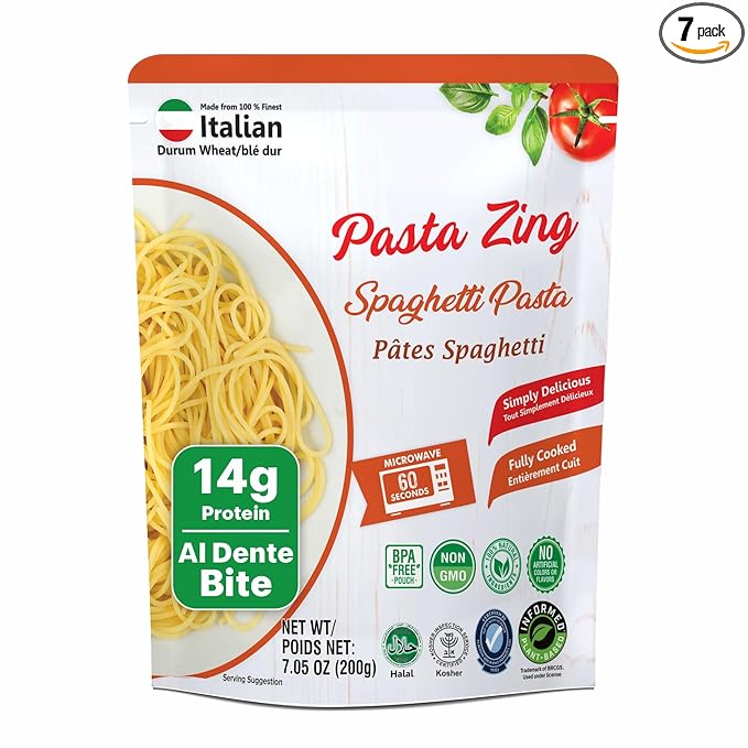 Pasta Zing Spaghetti Pasta Made with Italian Durum Wheat | Ready to Eat Meals in 60 seconds | Fully Cooked, Microwave Meals, Ready Pasta for Dinner, Easy Dinner Sides | Pack of 7, 7.05 Ounce