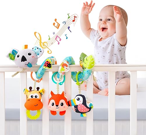 Miniatura 7 de Jollybaby Cochecito de cuna, juguetes para asiento de automóvil para bebé de 0-3-6-9-12 meses, juguetes sensoriales colgantes para recién nacido con