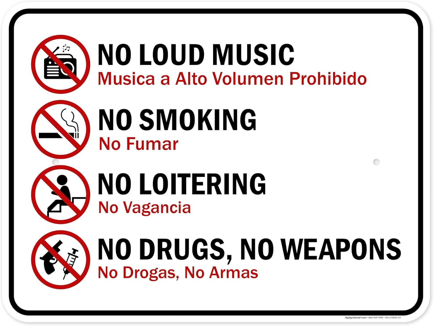 No Loud Music No Smoking Bilingual Sign, 18x24 Inches, Rust Free .063 Aluminum, Fade Resistant, Made in USA by My Sign Center