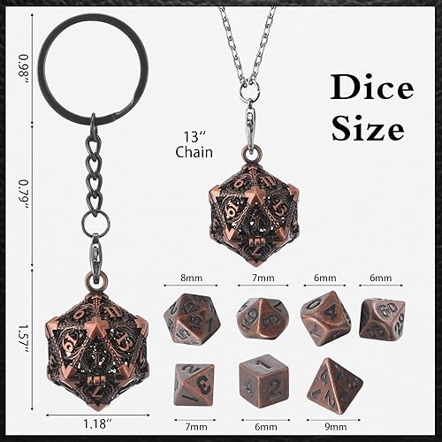 Miniatura 3 de Syhood Juego de dados pequeños, 7 piezas de dados pequeños de metal hueco D20, collar, estuche de dados, llavero, juegos de mesa para juegos de rol,