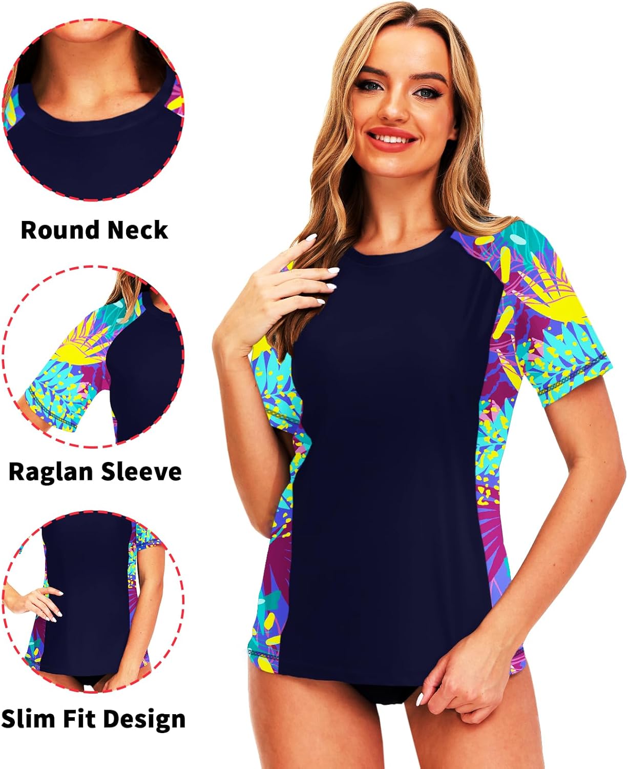 AOBUTE Women Short Sleeve Rash Guard UPF 50+ Tropical Sun Protection Floral Swim Shirts - Image 4
