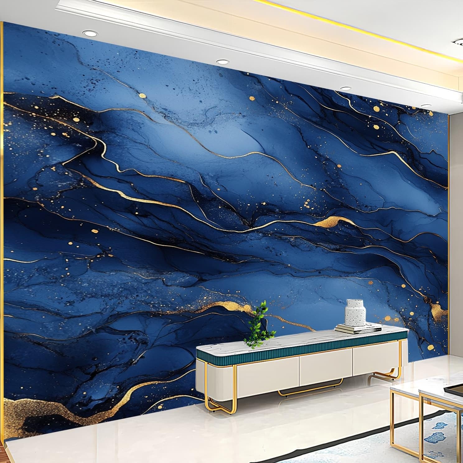 Tapeta panoramiczna 350 x 256 cm, luksusowe linie marmuru, fototapeta, neutralna zapachowa i usuwalna, bezszwowe łączenie, "zrób to sam", obraz ścienny, niebieska, do salonu, wynajmowanego mieszkania