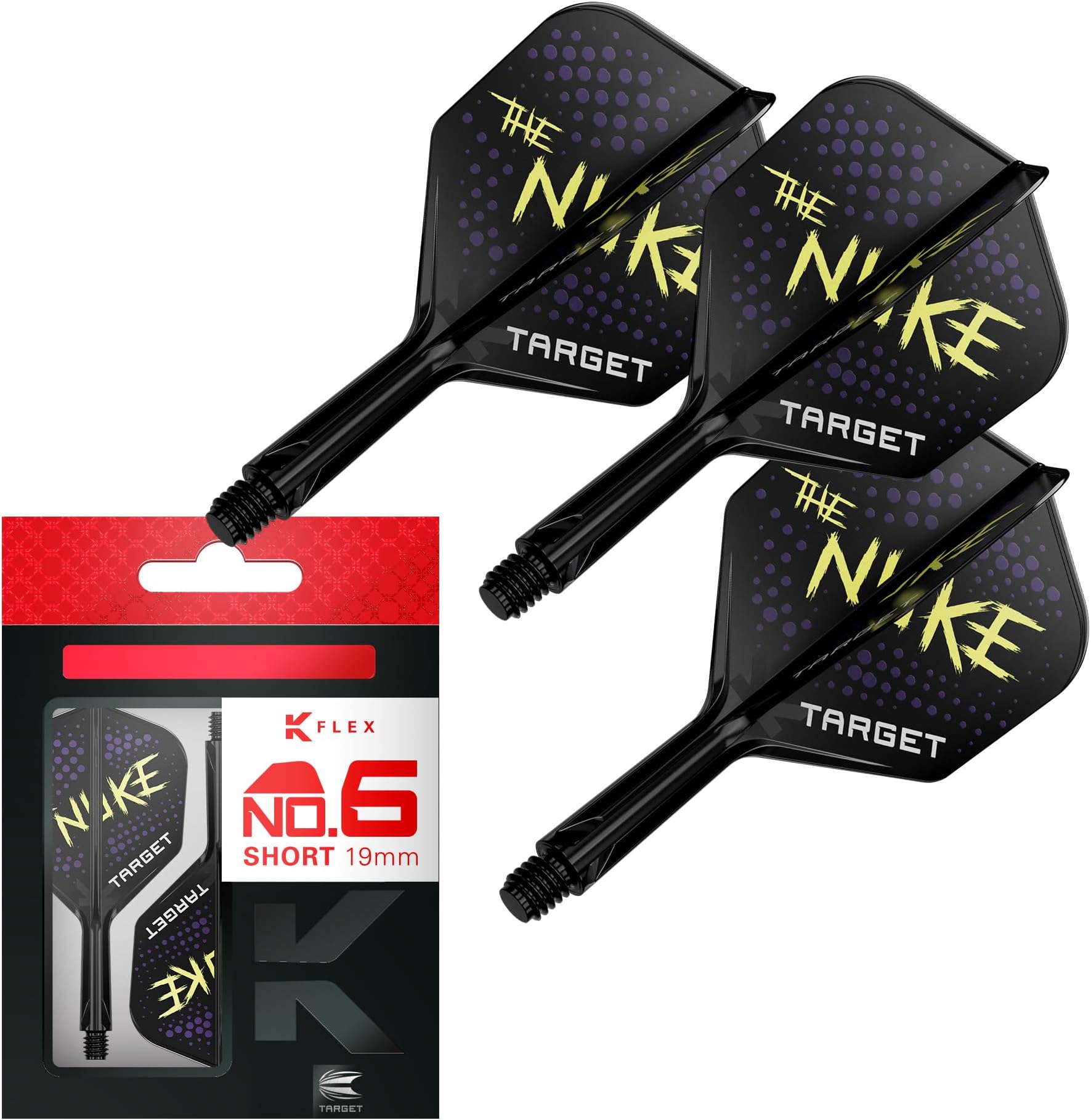 Target Darts Luke Littler K Flex Flights & Shaft System No.6 & No.2 –|The Nuke Edition, Pack of 3 K-Flex All-in-One Integrated Flights and Shafts, Short 19mm, Intermediate 26mm, Medium 33mm