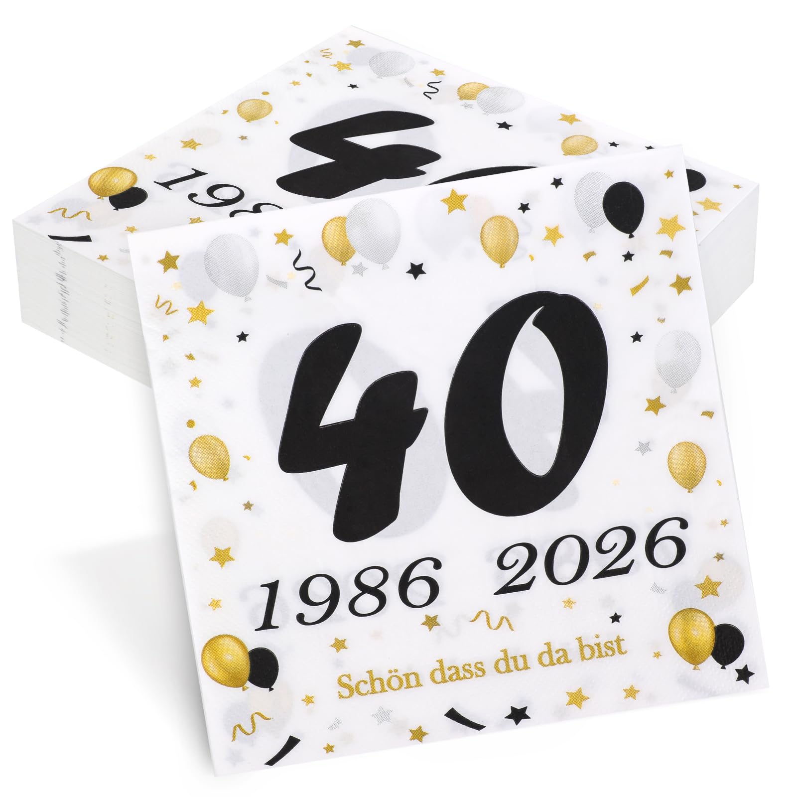 50 Stück Servietten 40. Geburtstag, Seutgjie 40 Geburtstag Deko 1986-2026 Rubinhochzeit Jubiläum Tischdeko Schwarz Gold Tisch-Deko Party Gedeckter Tisch