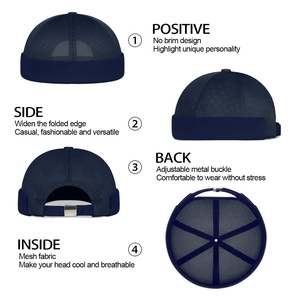 Enwokran Czapka Docker Cap Męska Moda Mesh Bez Rondo Zwinięty mankiet Czapka Retro Regulowany Pracownik Sailor Fisherman Worker Harbour Berety