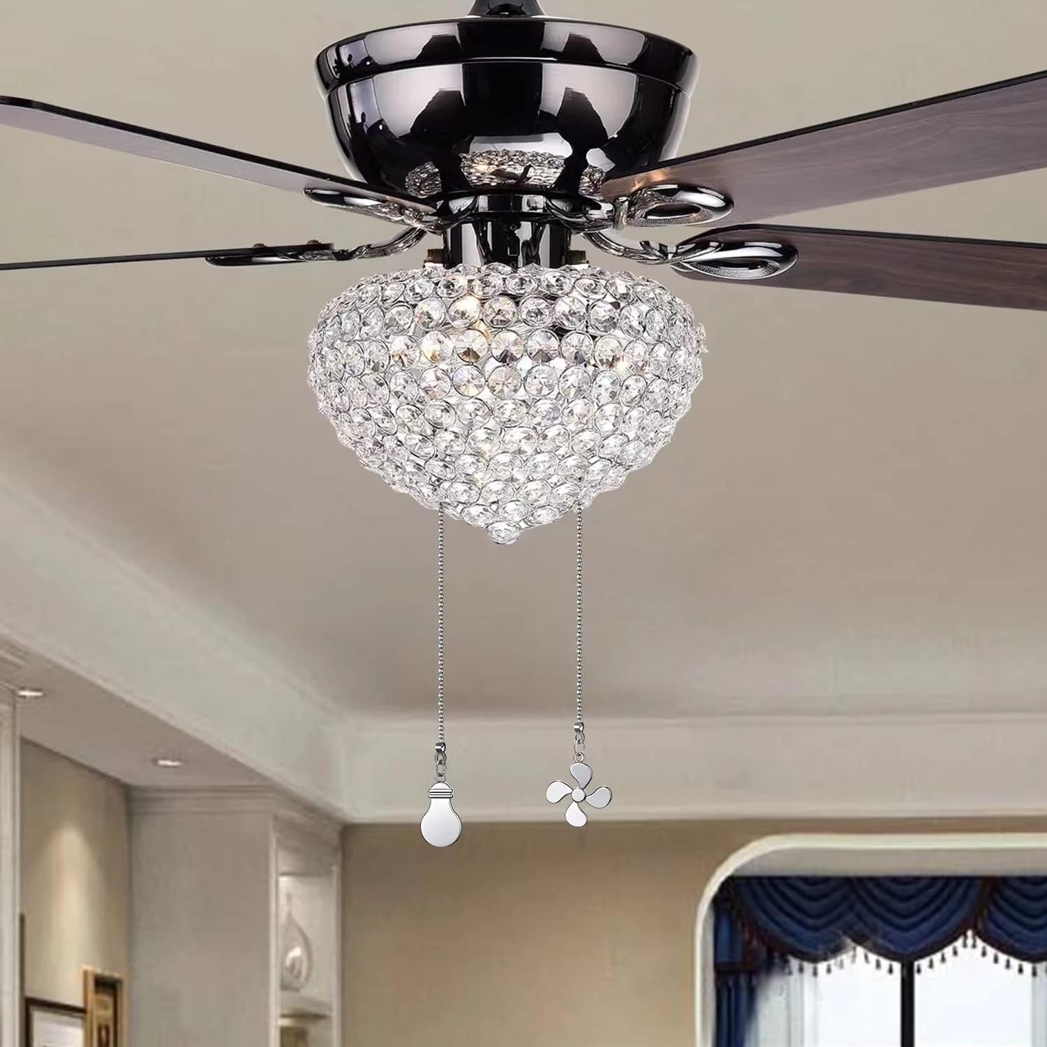 2Pack Metal Ceiling Fan Pull Chain, 12inch Fan and Bulb Pattern Ornaments Cord Extension, 3mm Ball Chain Pull Pendant Extender with Connector,Silver
