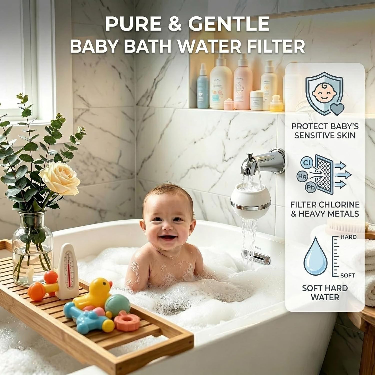 Bath Filter for Tub Faucet,Kinder Bathtub Water Filter for Kids & Babies,3000 Gallons Filtration,Hard Water Softener,Removes Chlorine & Fluoride for Healthy Skin, Hair & Nails, White