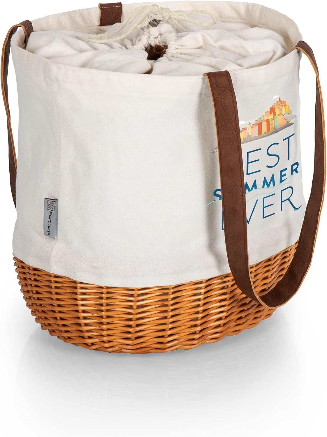 PICNIC TIME Disney Pixar Luca Coronado Canvas and Willow Basket Tote Picnic Bag with Drawstring Closure and Durable Handles, Beach and Market Tote for Everyday Carry, (Beige Canvas)