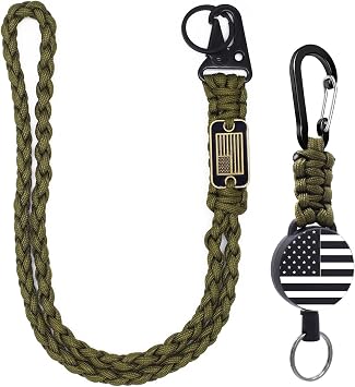 2 Pcs Retractable Keychain, Heavy Duty Badge Holder Reel Braided Paracord Lanyard with USA Flag, Retractable ID Badge Clip Reel & Parachute Rope Necklace Keychains for Work or Traveling