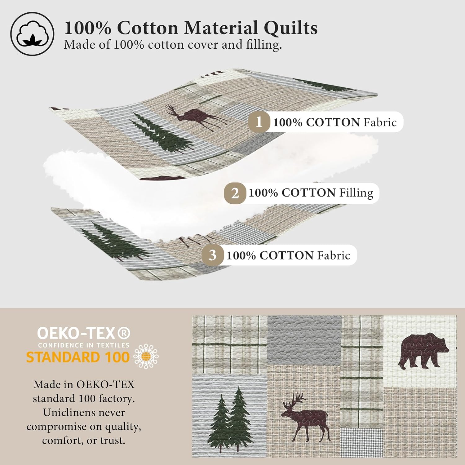 Uniclinens Quilt Set King Size, 100% Cotton Quilted Quilt Bedding Set Bedspread, Bear Tree Elk Farmhouse Rustic Quilt, Patchwork Plaid Comforter Set, 3 Pieces Set with 2 Pillowshams, Brown/Grey/Green - Image 4