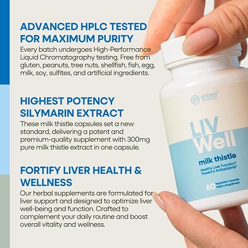 Miniatura 7 de ESSE Suplemento vegano de cardo mariano con extracto de sésamo y alcachofa  HPLC avanzado probado para pureza  Cardo de silimarina al 80% para