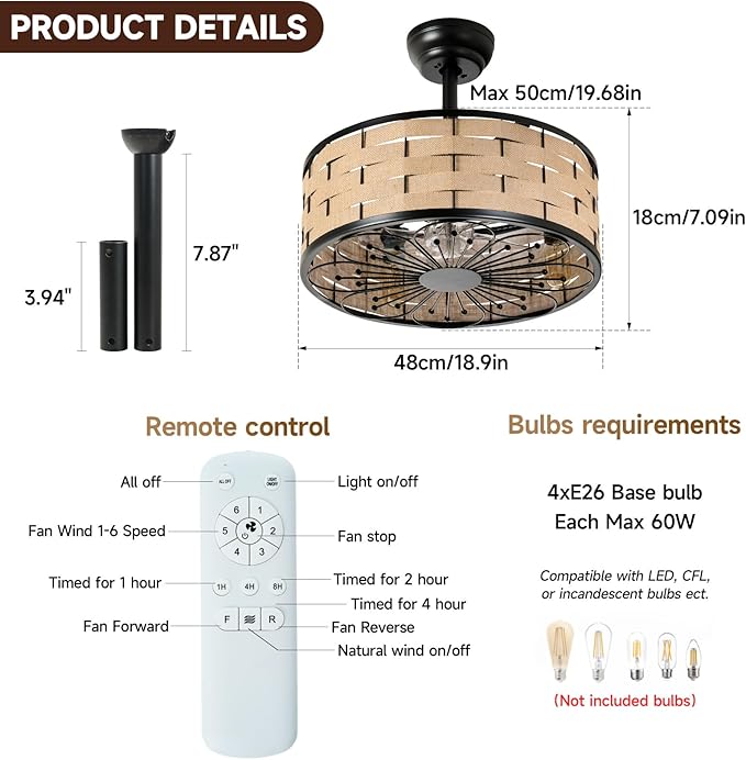 Ventilador de Techo 18.9 Pulgadas Con Luz Control Remoto 6 V miniatura 5