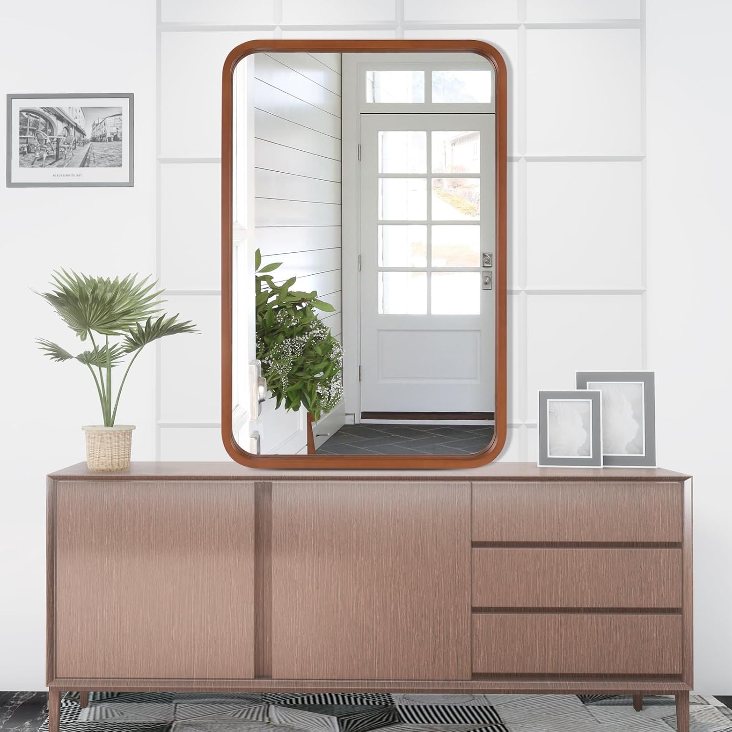 WallBeyond 24x36 Inch Wood Mirror for Bathroom, Wooden Frame Wall Mirror Farmhouse Wall Mounted Rectangle Mirror for Vanity (Horizontal/Vertical Walnut Color)