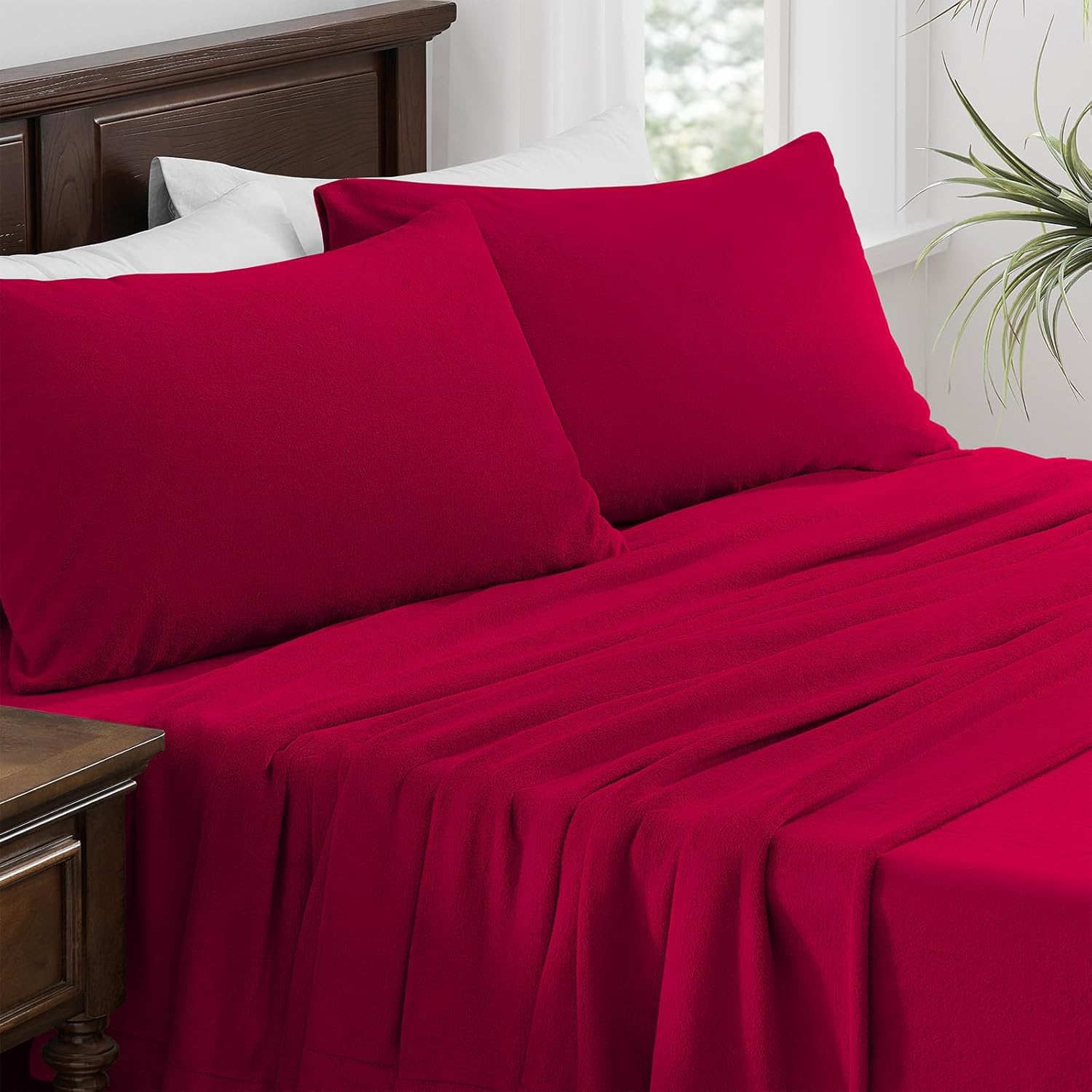 Petrichor Flannel Fleece King Size Sheet Set Red–Ultra Soft Anti-Static Plush Bedding,4 Piece(1 Fitted Sheet80×78"×16",1 Flat Sheet102×108",2 Pillowcases40×20")