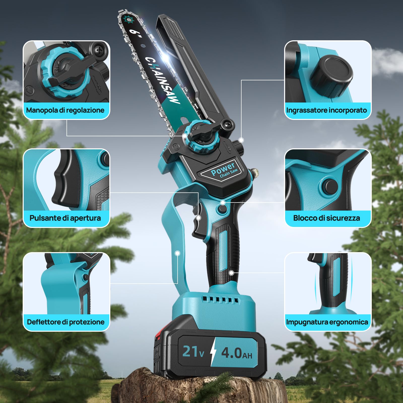 Mini Motosega a Batteria 8000mAh, Brushless Motosega Elettrica 6 Pollici 1000W Compatibile con Batterie Makita, Sega a Batteria per Potatura con Pompetta Olio per il Taglio Del Legno e Giardini