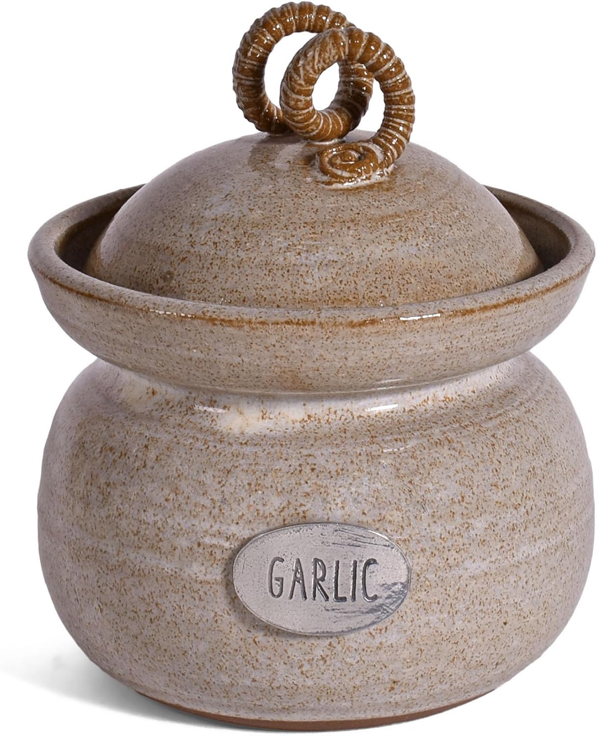 American Handmade Garlic Keeper Jar with Pewter Plaque by MudWorks Pottery, Sandstone Beige