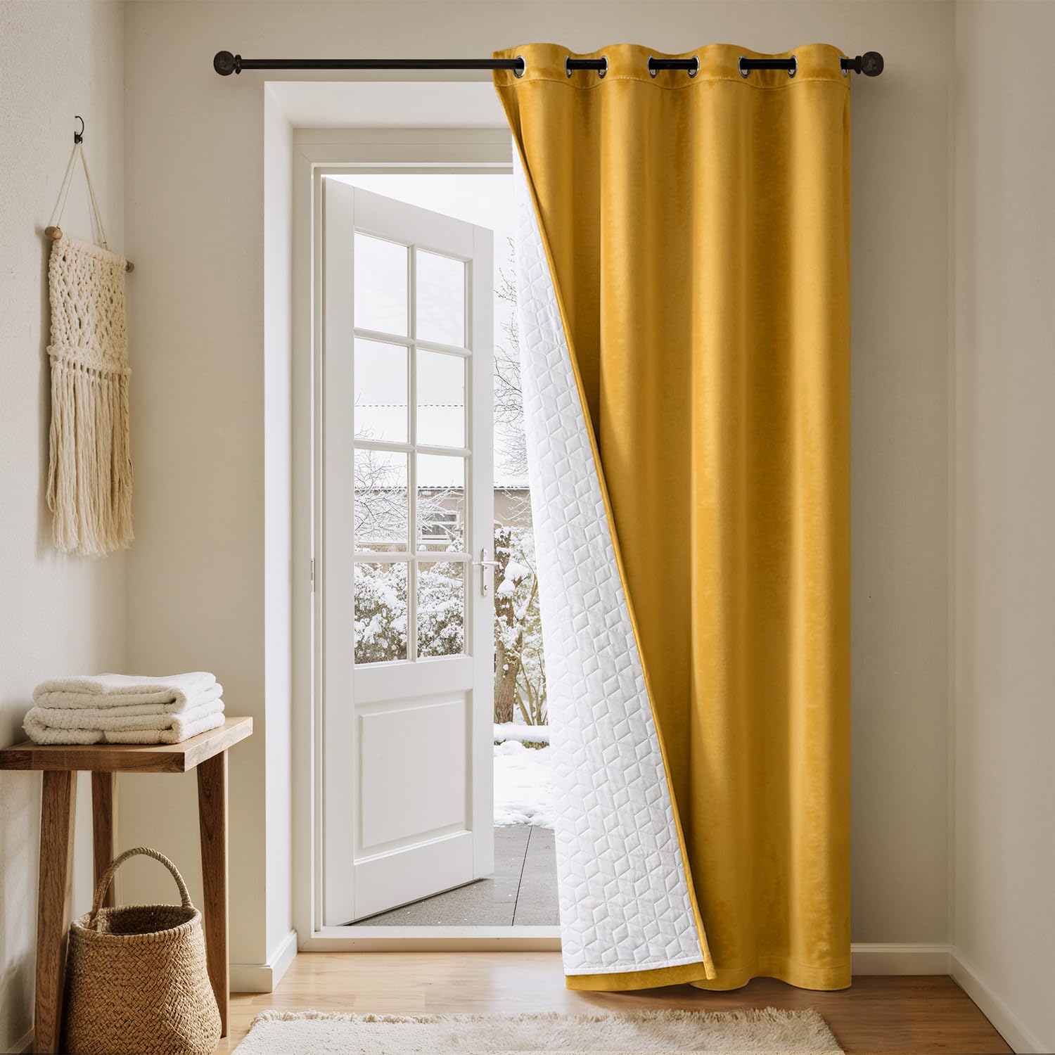 Cortinas Terciopelo con Forro Acolchado Térmico Ventanas, Cortinas Termicas Aislantes Frio y Calor de Doble Capa Dormitorio Salon Cortina Anti Luz, Amarillo Cortina Puerta Interior Anti Frio Invierno